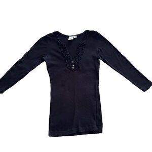 Meringue Black Knit Long Sleeve Cotton Top w/Rhinestone Studded Buttons - Size S